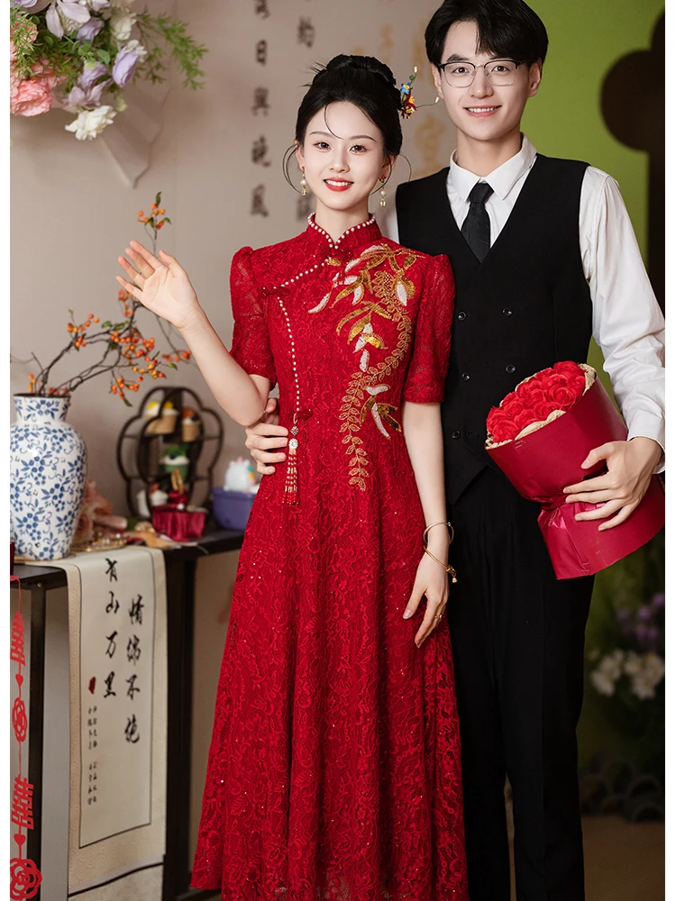 

Красная женская летняя юбка А-силуэта для гостей на свадьбу в китайском стиле, винтажная, с эффектом похудения, с пышными рукавами