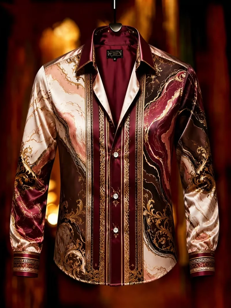 New light luxury long sleeved shirt with red brown gold Baroque marble pattern men's satin lapel top clothing