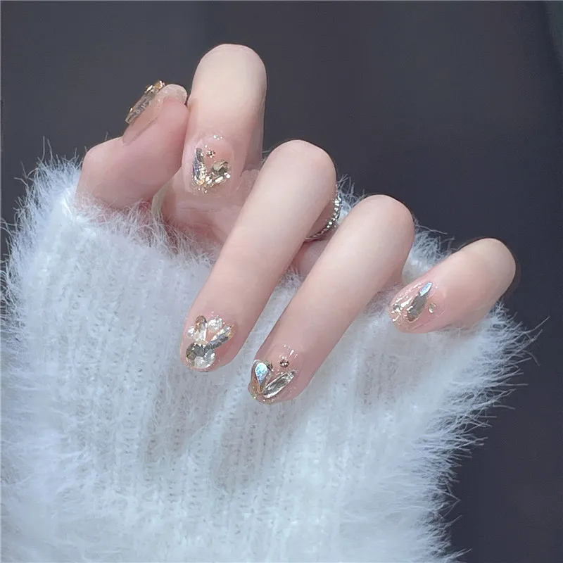 Champagne Zircon Spring/Summer Wearable Women Nail Patch Gentle Frosted French Halo Dyed Small Flower Nail Finished Product