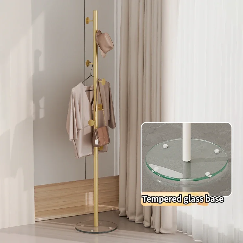 Nordic Simple Floor Standing Coat Rack Iron Art Clothing Hanger with Tempered Glass Base Bag Storage Shelf for Living Room