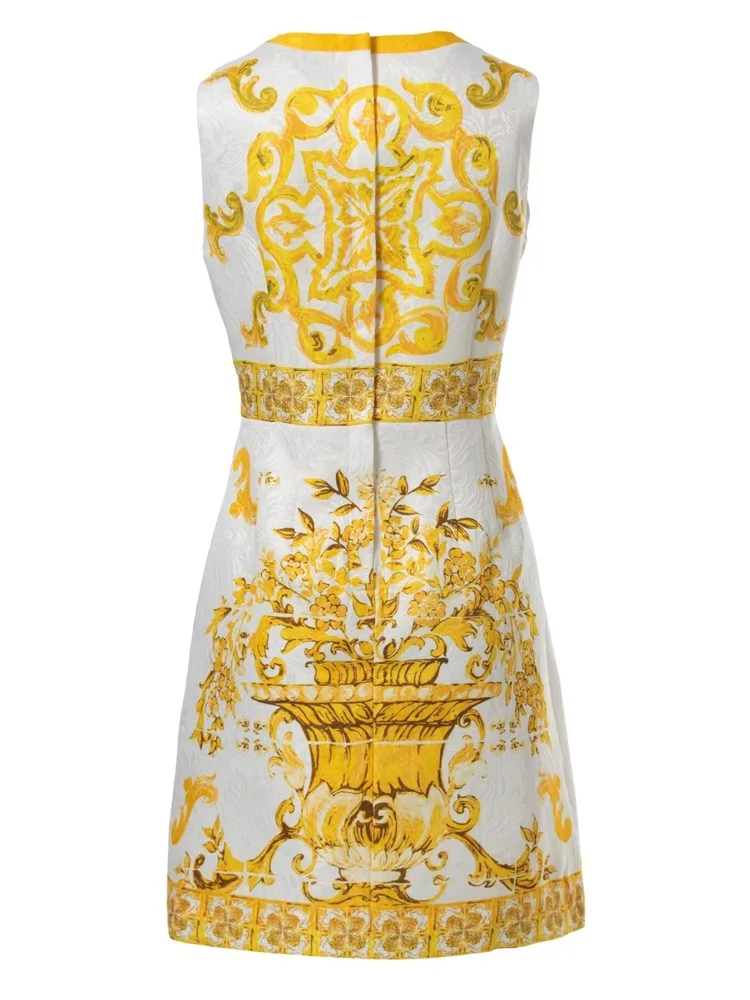 Summer Golden Sundress Holiday Floral Short Dress Women\'s Yellow Blue And White Porcelain Print Holiday Tank Mini Vestidos