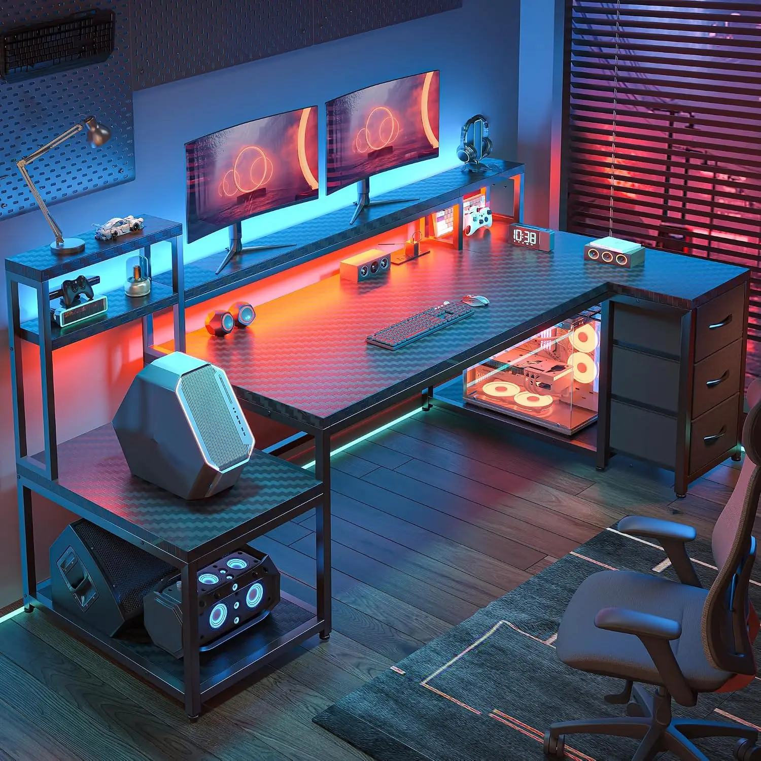 L Shaped Gaming Desk with Integrated Monitor Shelf for 2 Monitors & Speakers, Side Storage Racks, 71 Inch, Black, Customized