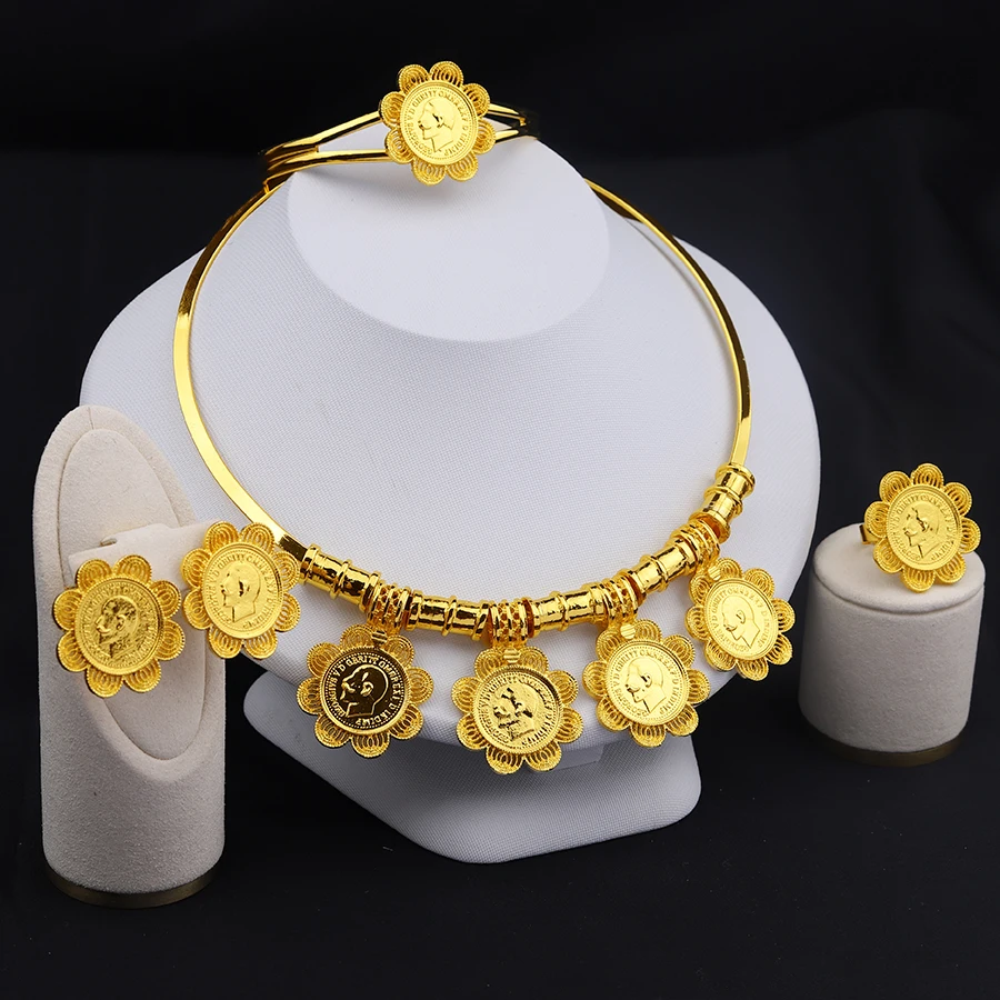4PCS/lot Ethiopian jewelry set for Women Gold Black Coins Dubai Habesha Earring Necklace African Middle East bride wedding gift,