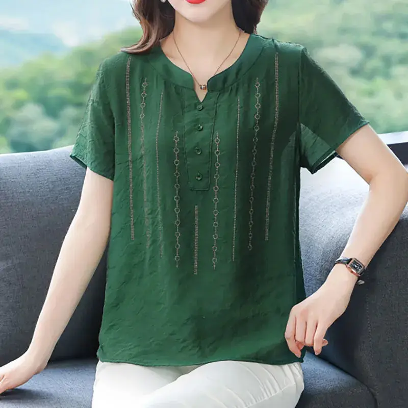 Summer Casual Fashion Diamonds Solid Color Blouse All-match Thin Short Sleeve Button Spliced Shirt Women's Clothing 2023 New