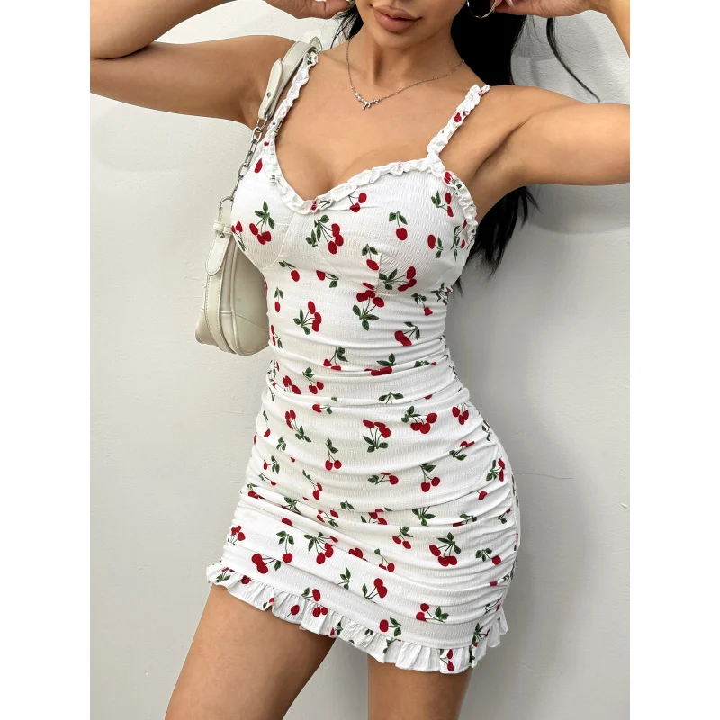 Robe moulante Sexy pour femmes, nouvelle collection printemps été 2005, mini robe à bretelles imprimée cerise