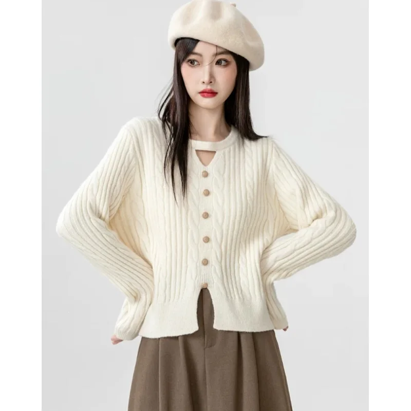 Thickened Twist Sweater Women's Unique Design V-neck Elegant Long Sleeve Knitted Top Autumn Winter New Arrival Commute Style