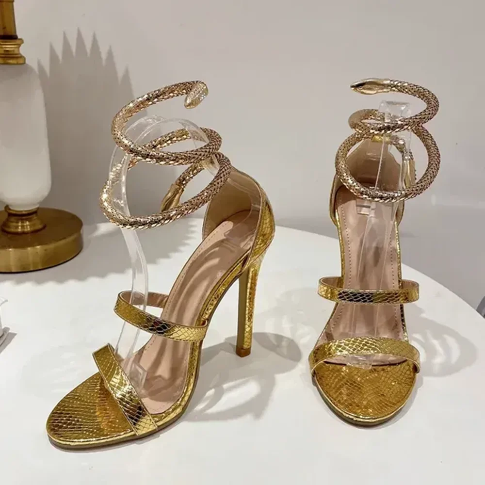 

New Design Snake-Embossed Stiletto Sandals Gold Snake Ankle Wrap Elegant Round Toe Stiletto Open-Toe Sandals for Women