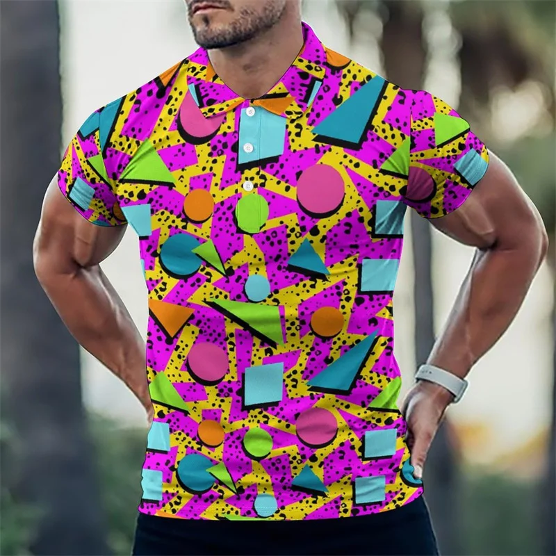 Vintage 80s 90s Pattern Golf Polo Shirt Summer 3d Printing Lapel Shirt Street Loose Short Sleeve Tops Men's Button Tee Shirts