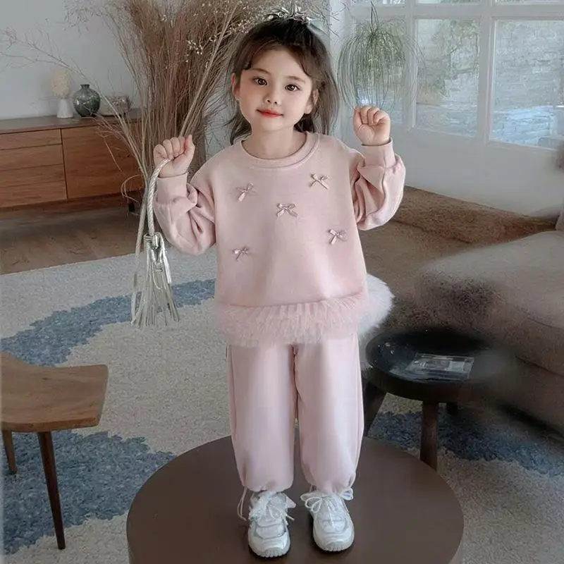 Calças com capuz de duas peças suitgirls sweatshuit conjunto de roupas moda crianças princesa arco amor decoração primavera outono 2025 novo