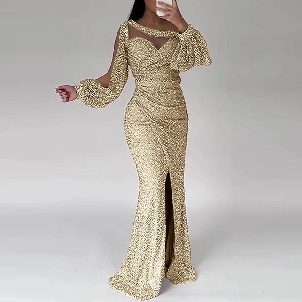 

Women Luxury Sequins Party Dress Asymmetrical Neck Bell Sleeve Bodycon Evening Long Dress Fashion Split Hem Elegant Maxi Dresses
