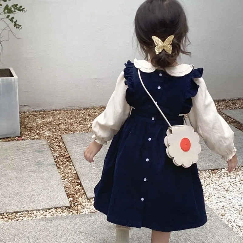 Fashion Baby Girl Cotton Shirt Corduroy Vest Dress Infant Toddler Child Spring Autumn Embroidery Dress Baby Clothes 1-10Y