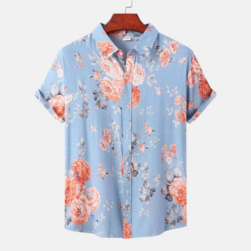 

Shirts for Men 2022 New Men's Hawaiian Floral Print Lapel Casual Short Sleeve Shirts Men Clothing