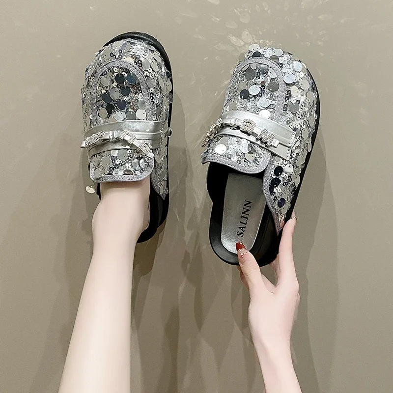

Baotou women's slippers Spring And Summer New Sequin Rhinestone Thick Sole Fashion Hundred Match Mueller Shoes Lazy Shoes