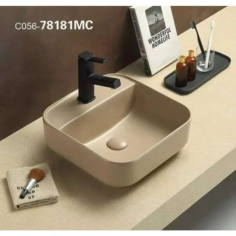 Colorful Matte Khaki Luxury Modern Ceramic Hand Square Wash Basin With Water Cover