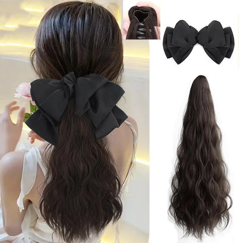 Sunslymei 22Inch/50cm Synthetic Long Wavy Curly Ponytail With Bow Wig Claw Clip in Ponytail Hairpiece for Women