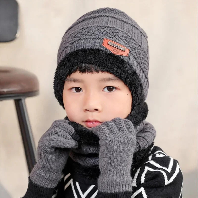 Conjunto de gorro y bufanda de punto para niños, gorro de felpa cálido, gorro de esquí para exteriores, bufandas sólidas, traje cálido de invierno