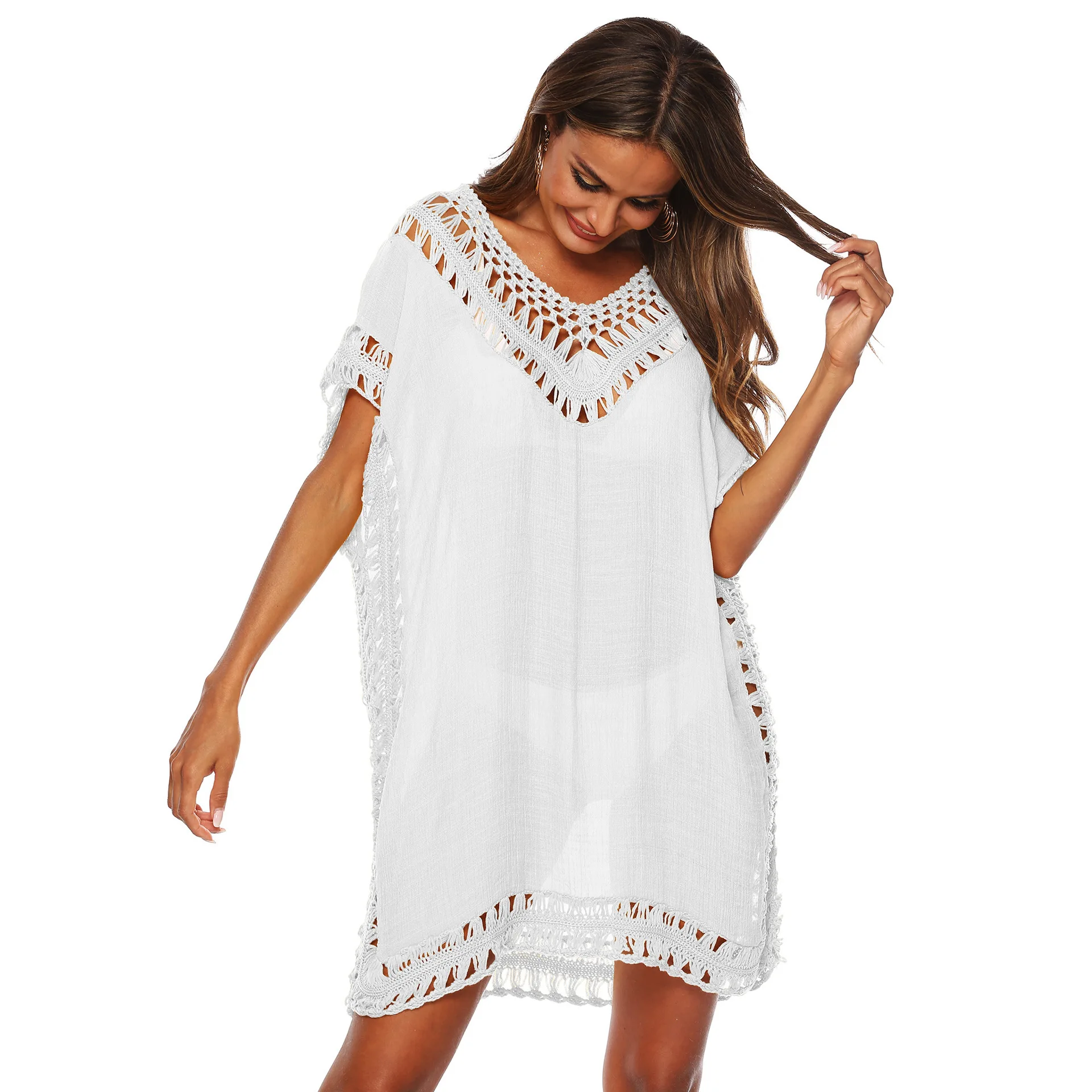 New V-neck Beach Dress Cover-Up, Openwork Hand-Crocheted Beach Cover-Up, Beach Mini Skirt