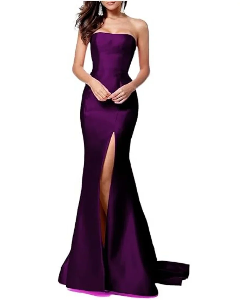 Vestido de dama de honra sem alças, Vestido longo sereia, Fenda lateral, Vestido Midi Prom, Trem longo, Amarelo claro, Elegante, Vestidos de casamento