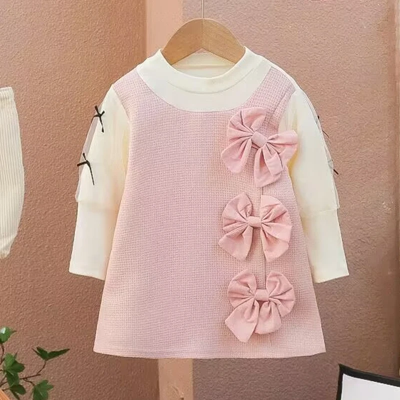 Children\'s Dress Autumn New Bow Long sleeved Girl\'s Princess Dress 0-4 Year Old Baby Fashion Long sleeved Dress