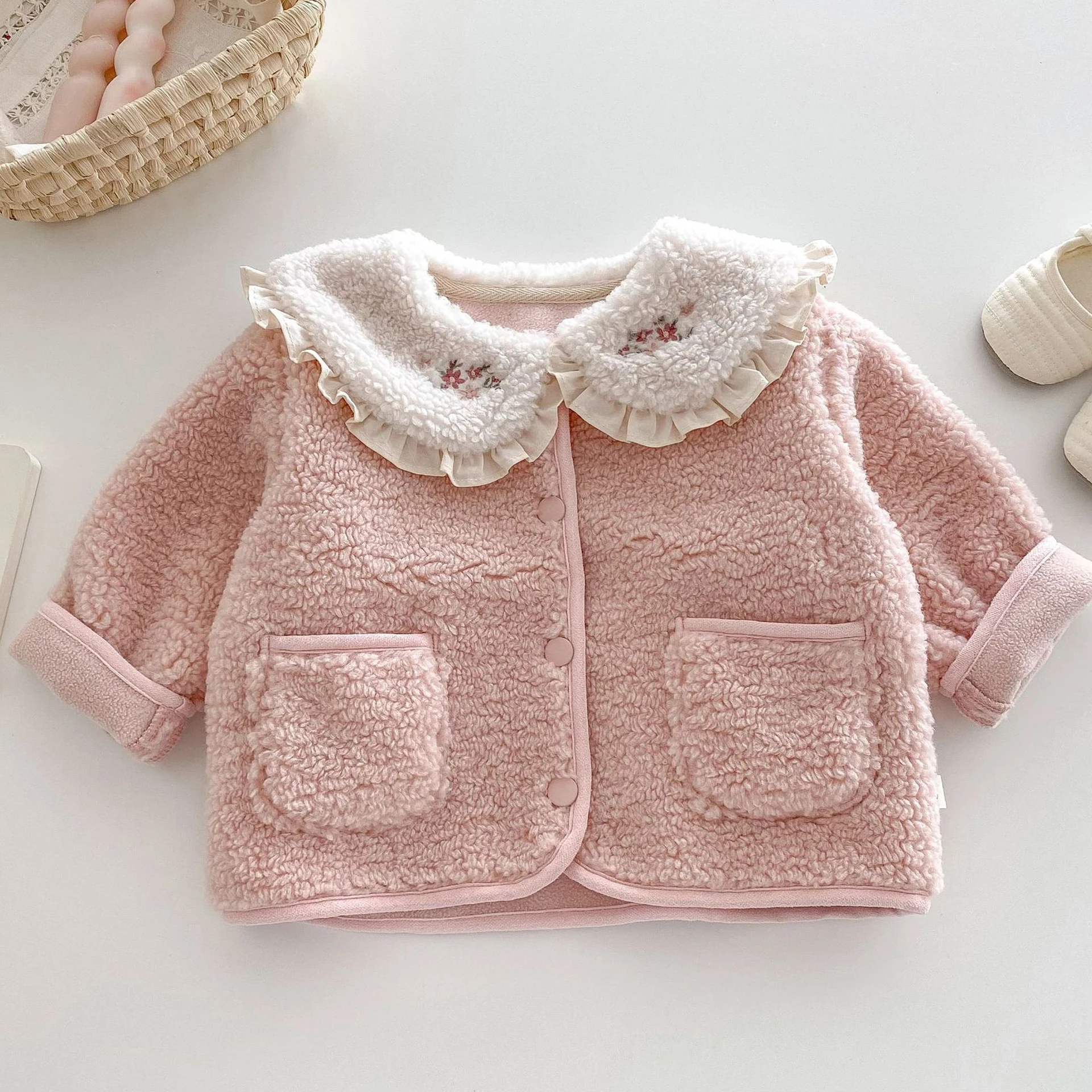 

Children's Fashion Double Sided Velvet Coat Winter Thick Jackets Korean Baby Girls' Cute Lace Collar Warm Cotton Clothes
