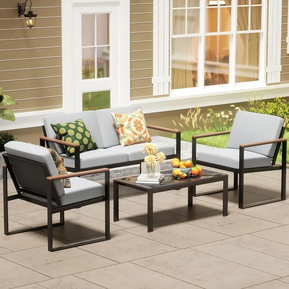 

4 Pieces Patio Furniture Sets, Metal Sectional Conversation Set, Fuaxwood Anti-Scald Armrest, Sling Mesh,Tempered-Glass Table