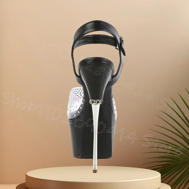 الأبيض بولي كلوريد الفينيل حجر الراين كعب معدني صنادل أرضية مشبك حزام النساء أحذية رقيقة عالية الكعب حفلة يؤرخ 2025 Zapatos Para Mujere