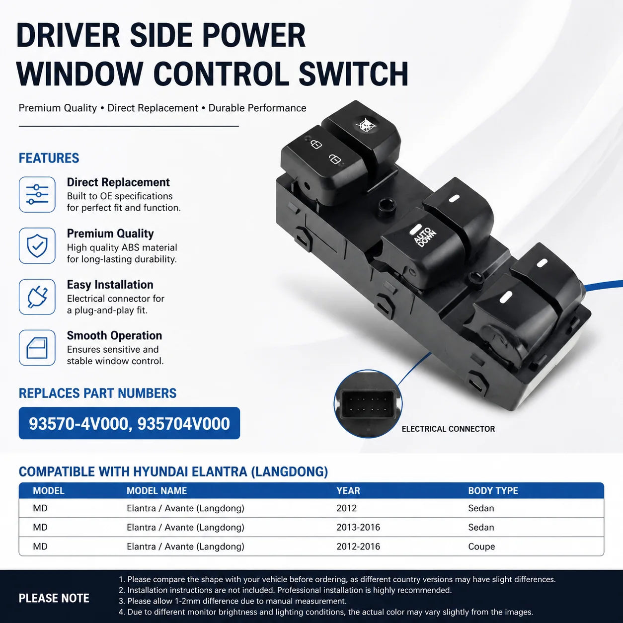 

Driver Side Front Window Control Switch For Hyundai Elantra Lang Move 2012 2013 -2016 93570-4V000 935704V000 Power Window Switch