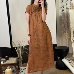 2024 retro improved loose daily qipao breathable cool comfortable cotton linen qipao chinese style printing literature art dress