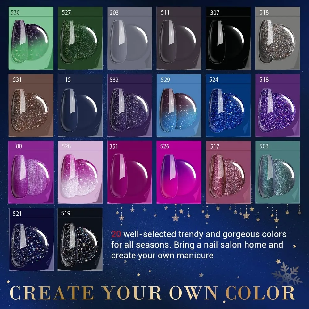 20色のカラーチェンジグリッターディップパウダーネイルキット、ベース/トップコート＆アクティベーター付き、DIYマニキュア用