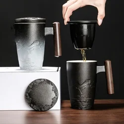 Japanese Vintage Ceramic Strainer Tea Cup Mug with Lid Wood Handle Office Tea Water Mugs