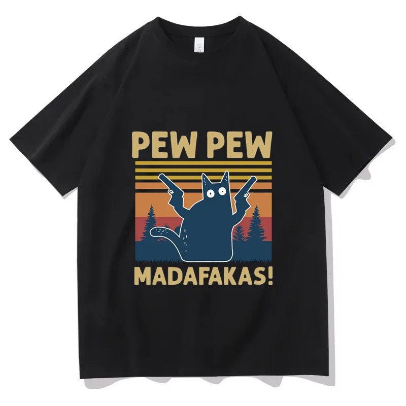 Summer Cotton T-shirt Pew Pew Madafakas Cat With Two Guns Print T-shirt Y2k Short Sleeve Tee Shirt High Quality Unisex Clothing