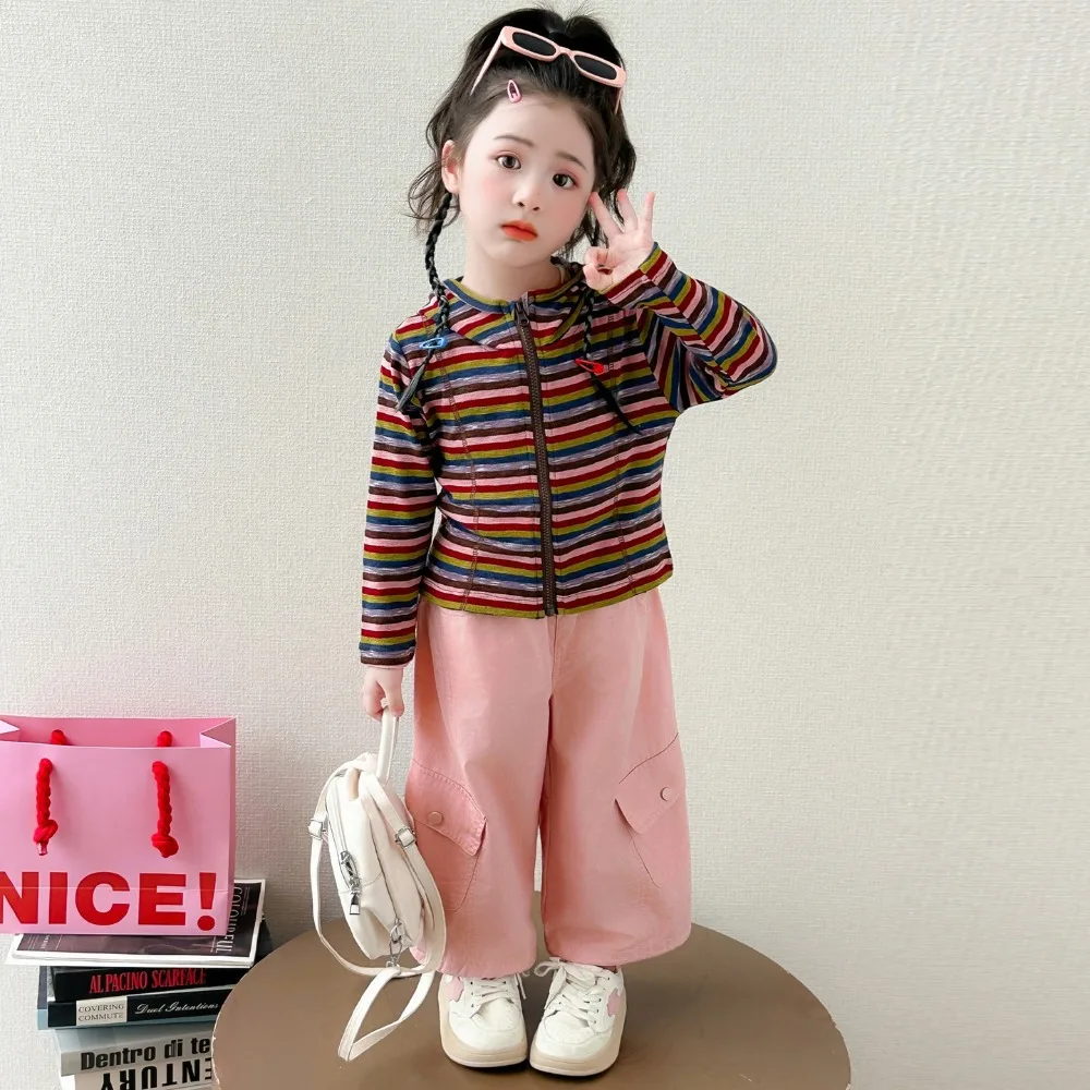 Toddler Girls Outfit Set 2026 Autumn New, Striped Cardigan Top & Stylish Cargo Pants 2 Piece Suit For Baby Little Girls
