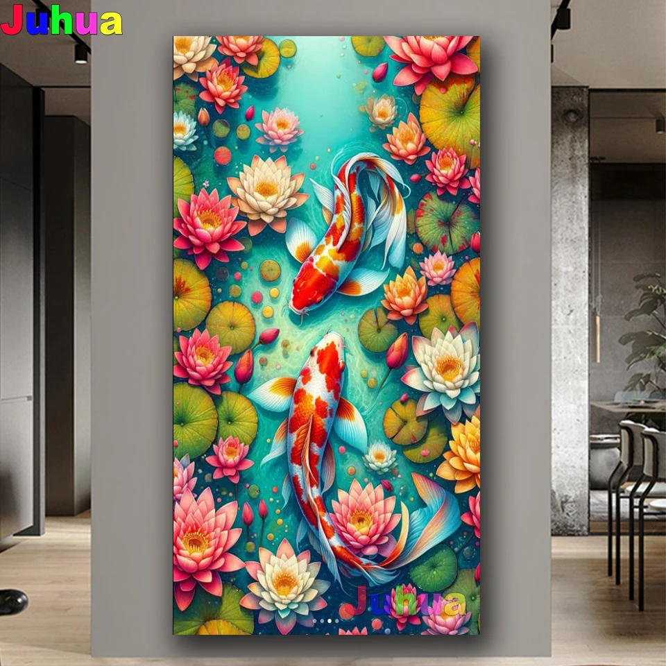 Koi Carp Lotus flower 5D Diamond Embroidery Full Diy Diamond Painting Mosaic Cross stitch Chinese Good Luck Landscape Home Decor