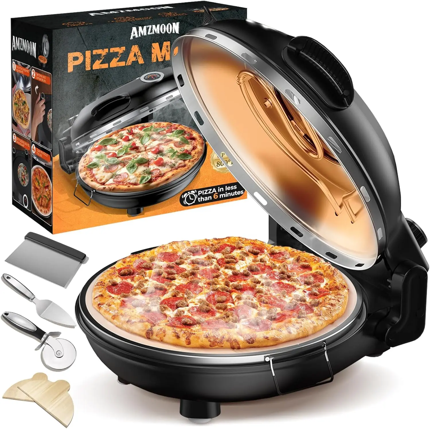 

Upgrade Pizza Oven, 12 Inch Electric Oven Indoor, 1200W Portable Countertop Maker Heats Up to 800˚F, Cooker wi