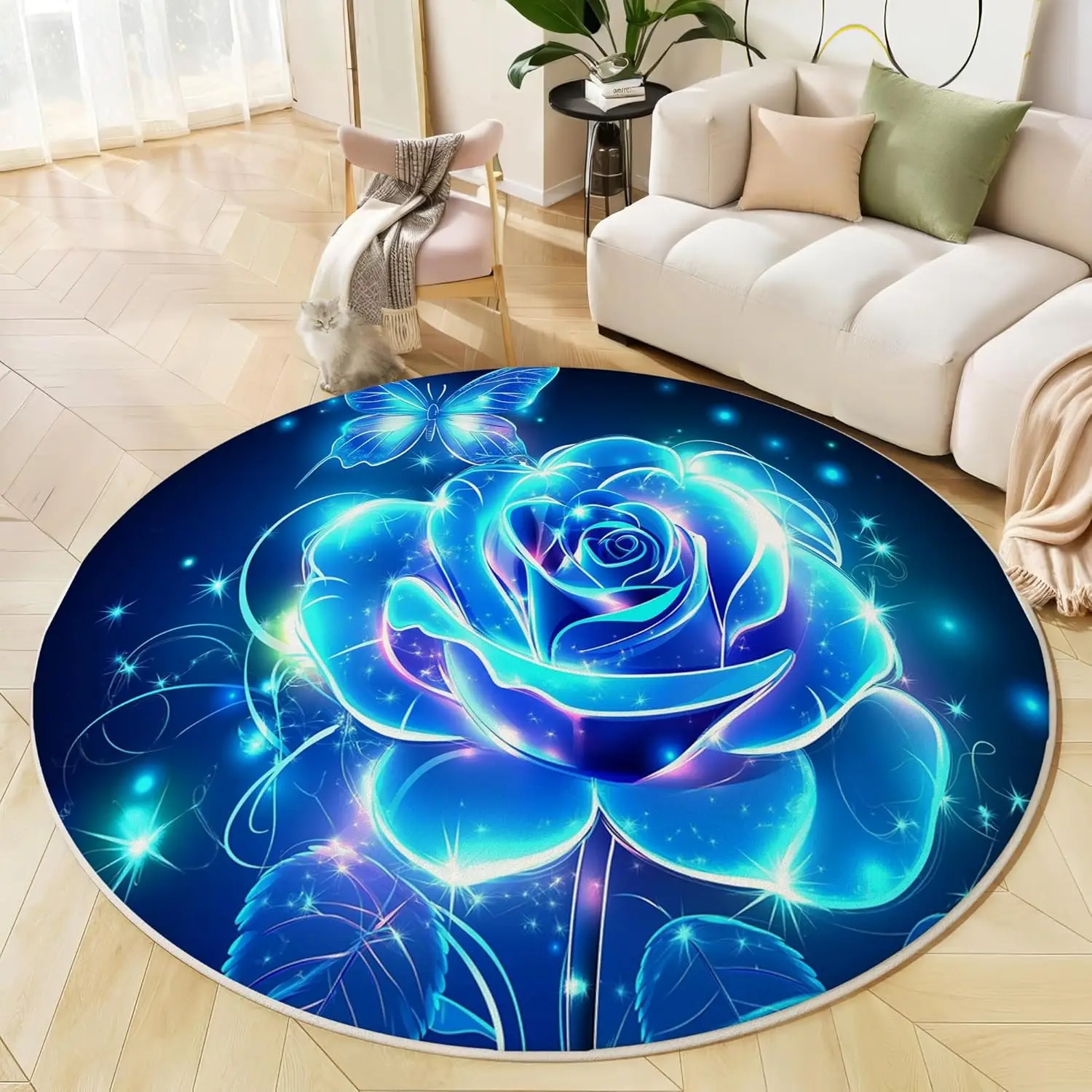 Glowing Blue Neon Rose Round Rug Sparkling Butterfly for Fantasy Themed Bedroom