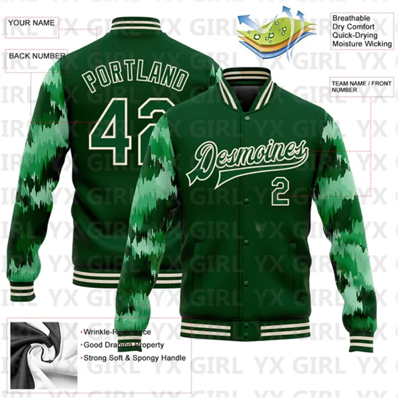 Custom Green OR Camo Sleeves 3D Pattern Design Bomber Full-Snap Varsity Letterman Jacket 3D Baseball Button Jacket