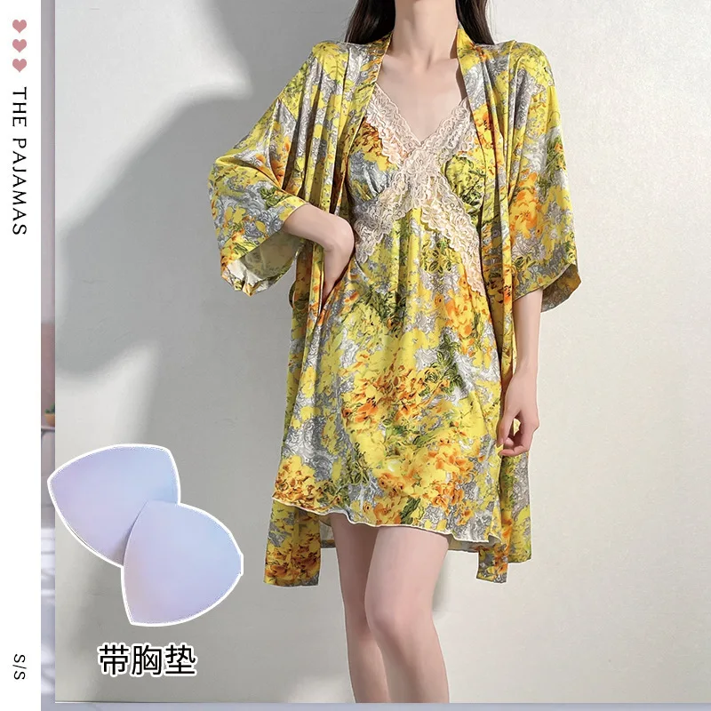 

Print Women Twinset Robe Gown Set Sexy Lace Kimono Bathrobe Suspender Nightdress Suit Summer Sleepwear Satin Homewear