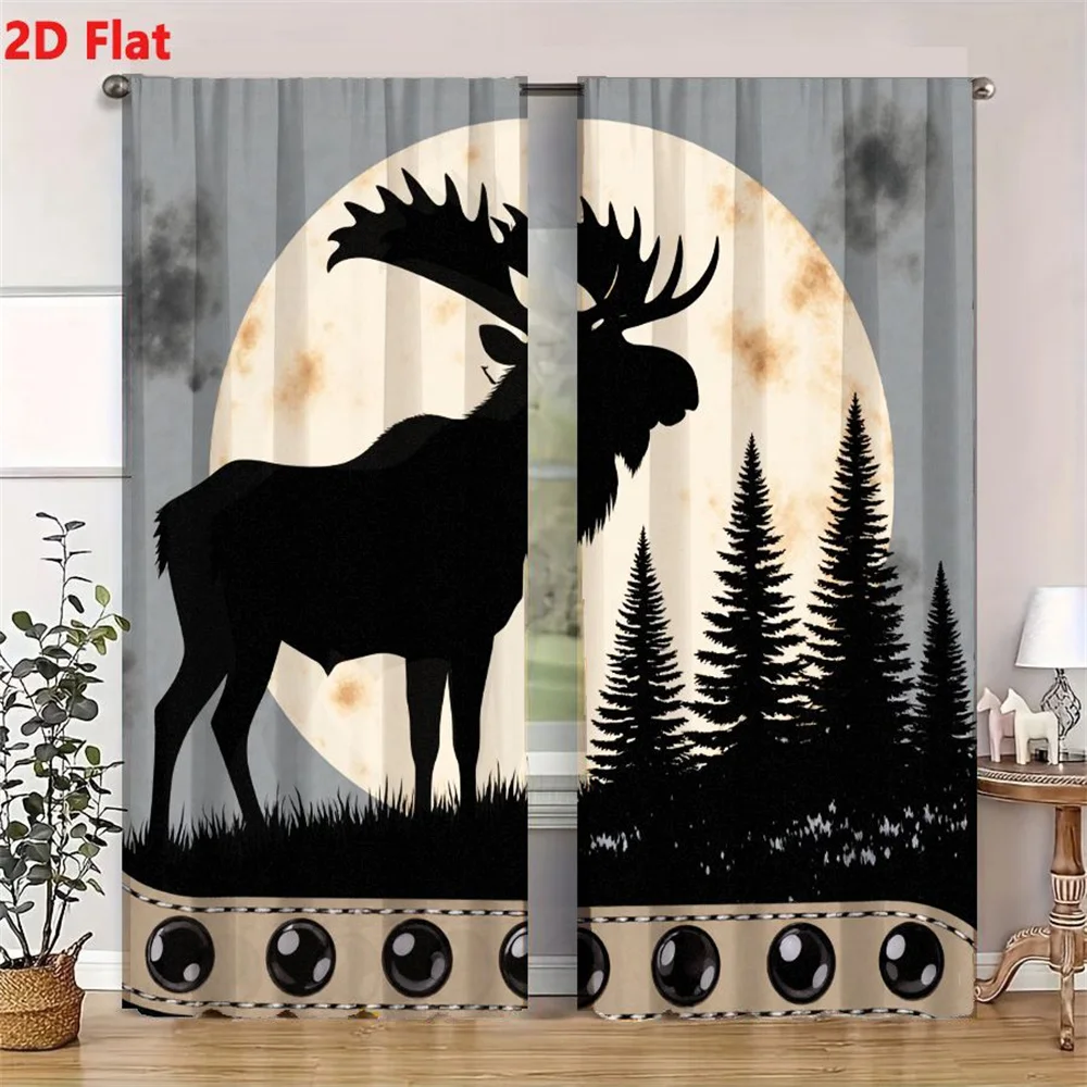 2Pcs Curtains 2D Flat Black Silhouette Moose With Antlers In Grassy Area Pale Yellow Moon With Spots Gray Sky Dark Clouds Evergr 4