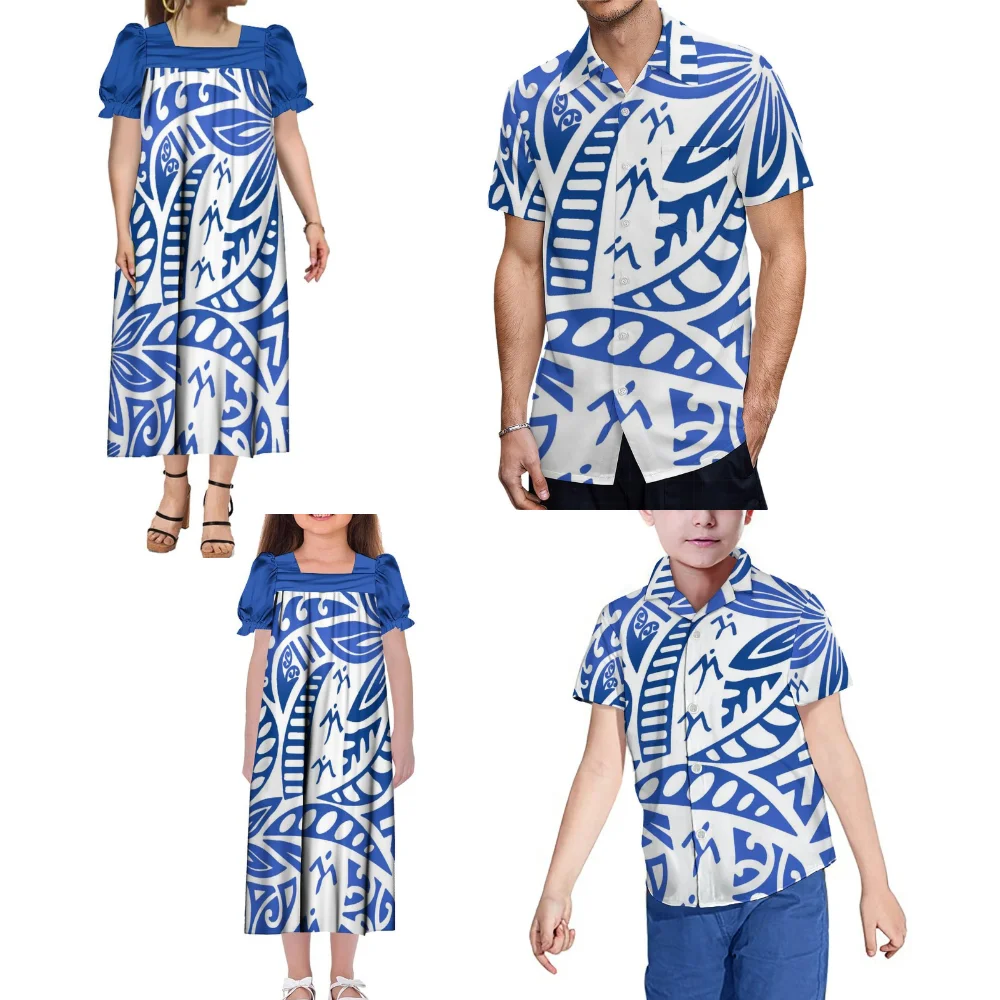 Pacific Island manica a sbuffo donna ragazze MUMU Dress Fiji polinesiano modello etnico personalizzato blu Family Party Set uomo ragazzi camicia