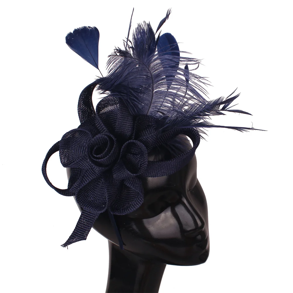 

Cocktail Fascinator Hats Women Fancy Navy Bridal Wedding Hats Imitation Sinamay Kentucky Derby Cocktail Hat With Feather XMF597