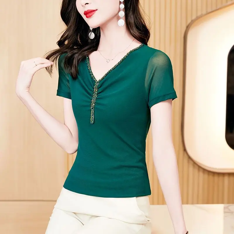 

Summer New Sle V-Ne Pure Color Me Beaded ort Sve Base irt Women Slimming Thin Korean Version Commute Sle Top