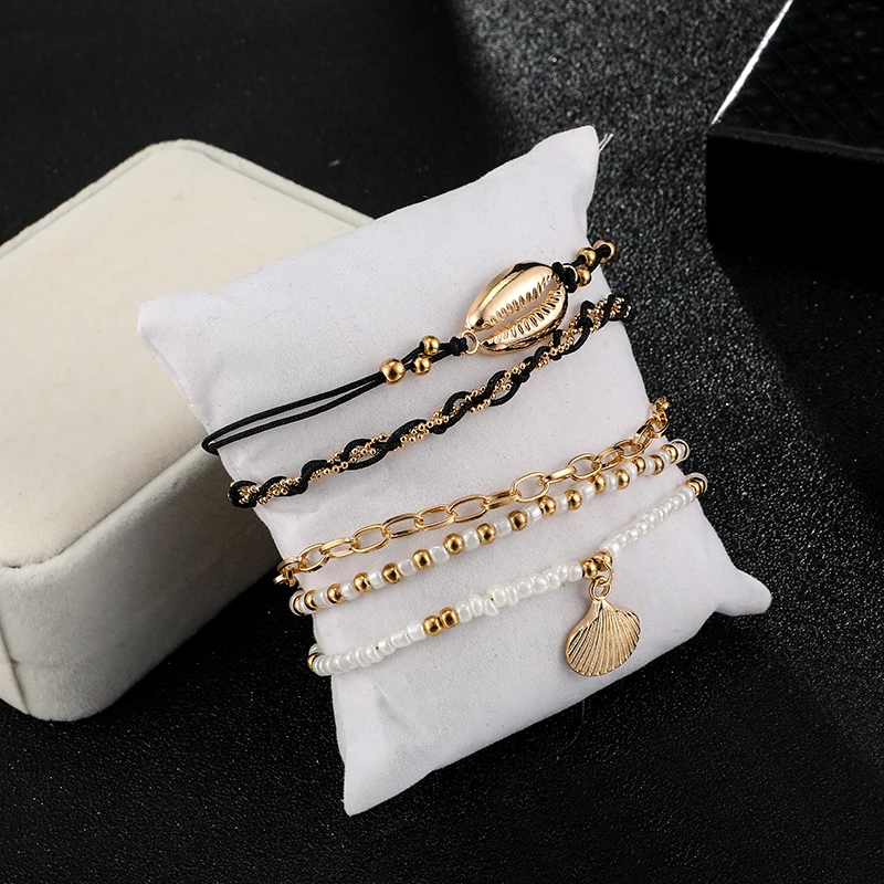 Tocona Bohemian Weave Shell Pendant Anklets for Women Colorful Bead Clear Crystal Stone Drop Foot Bracelet Summer Beach Jewelry
