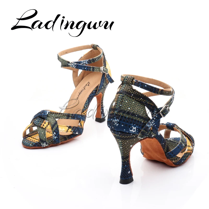 Ladingwu Dance Shoes Christmas Print Denim Salsa Dance Shoes Women\'s Latin Shoes Dance New Design Dance Shoes Sandals