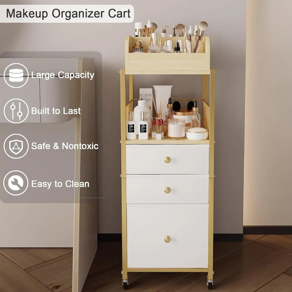 Gold Makeup Organizer Cart with Drawers, 3-Tier Storage for Skincare and Cosmetics