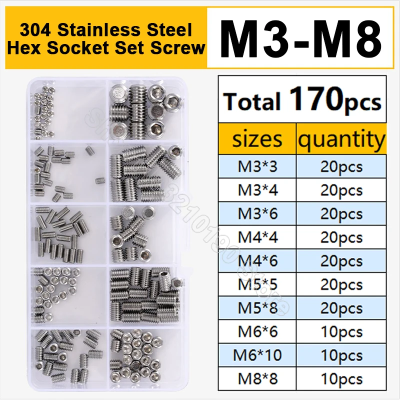 

170Pcs M3 M4 M5 M6 M8 DIN916 304 Stainless Steel Hex Hexagon Socket Allen Cup Flat Point Grub Bolt Set Screw Assortment Kit Box