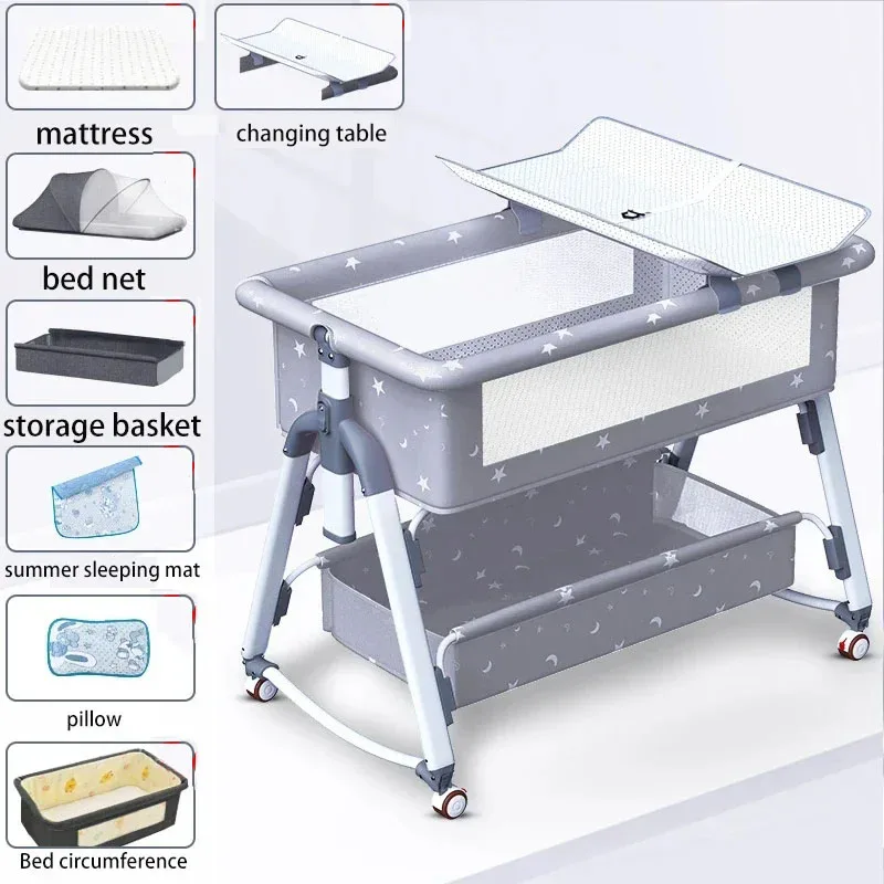 เปลเด็กประกบเตียงขนาดใหญ่เด็กพับและยกเตียงทารกแรกเกิดพร้อมโต๊ะพยาบาลและผ้าปูที่นอน
