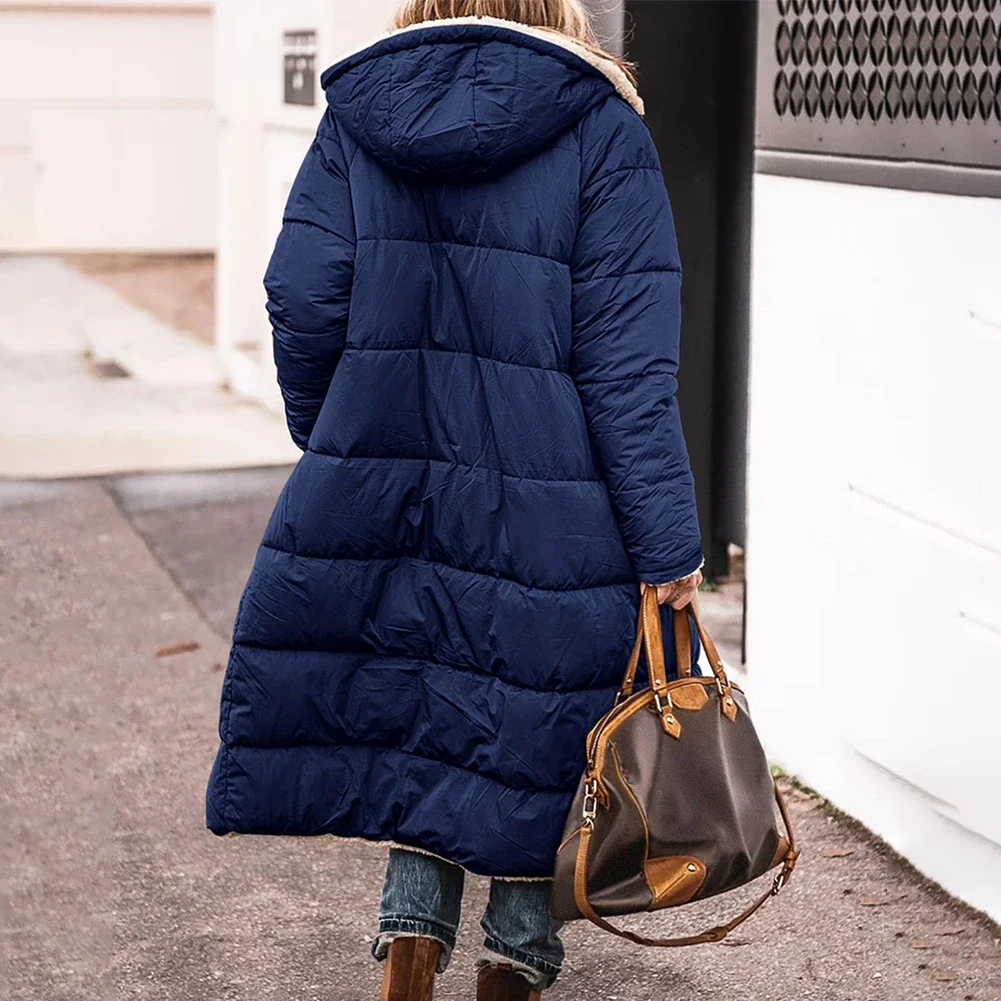 2023 New Autumn Winter Women Cotton Wool Lined Coat Parka Casual Long Style Slim Coat Solid Color Hooded Parkas Warm Overcoat