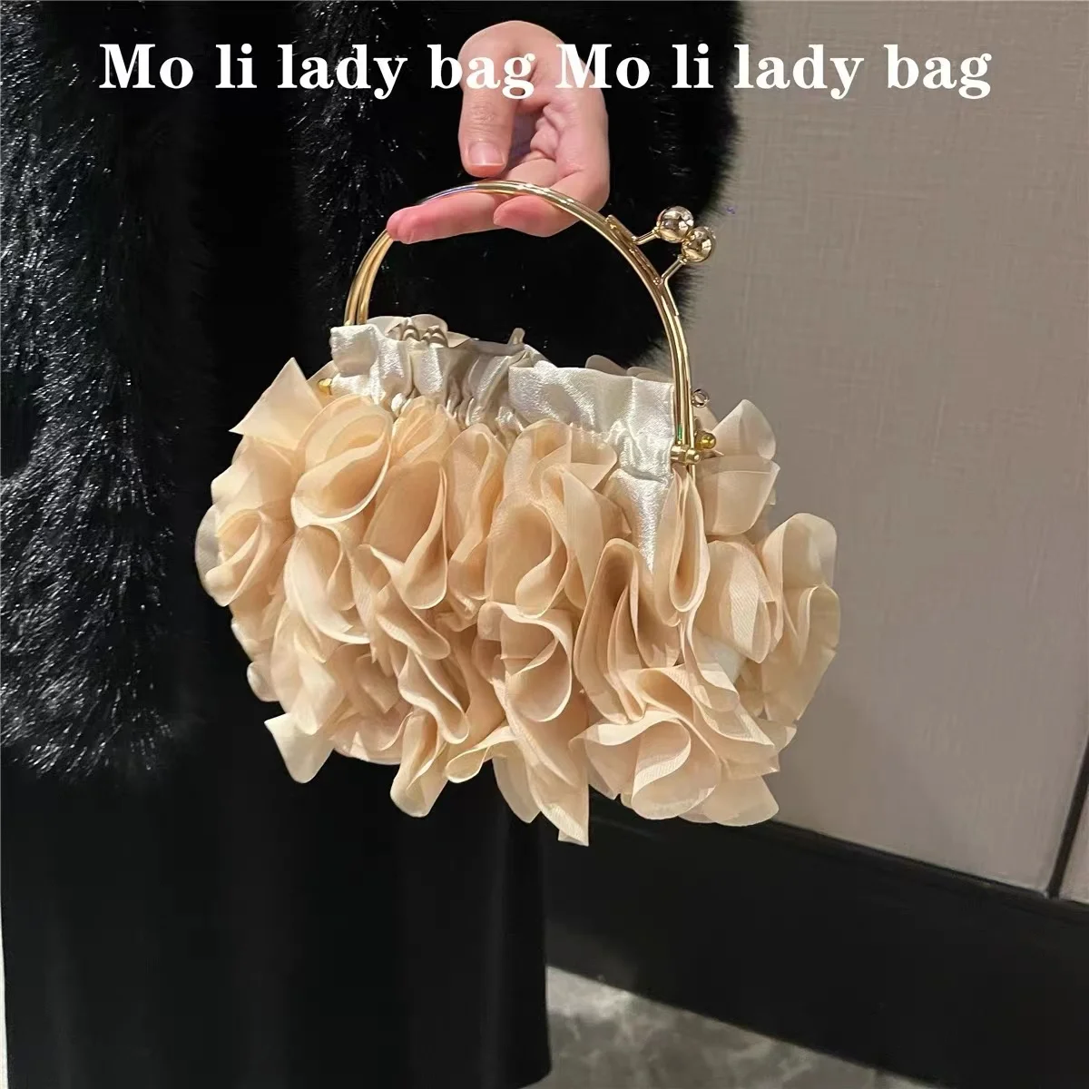 Luxury Satin Floral Evening Bag Metal Handle Fashion Elegant Women Handbag Wedding Party Clutch Purse Shoulder Crossbody Bag