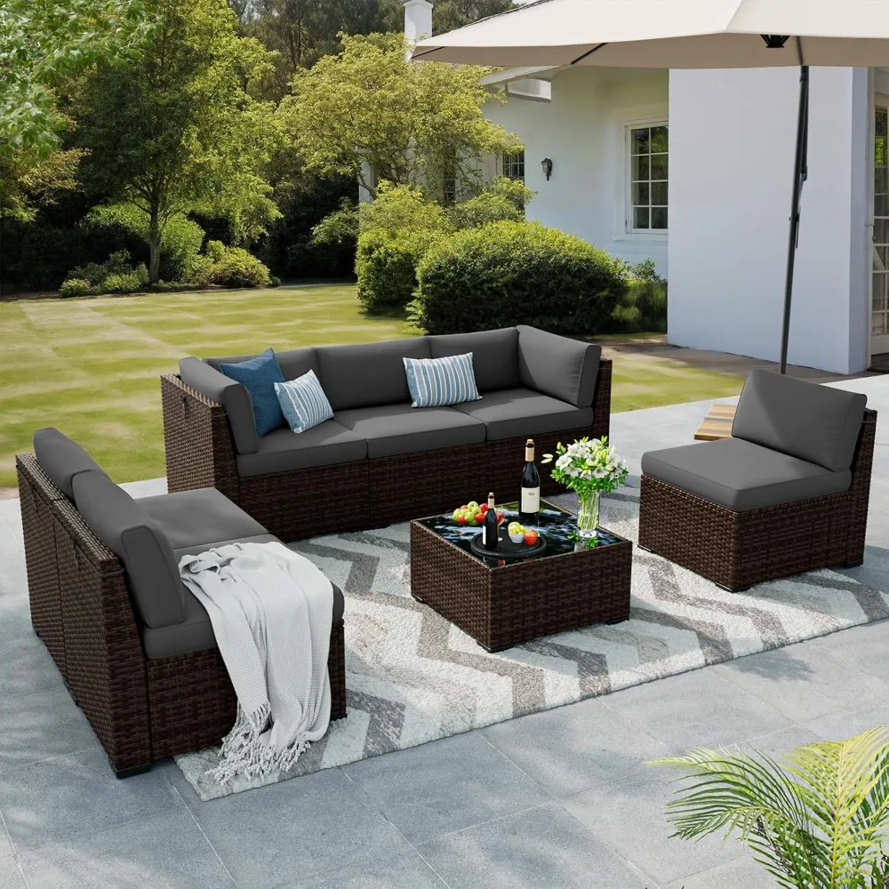 

Patio Furniture Set, Outdoor Sectional Sofa Set with Waterproof Cover, PE Wicker Rattan Slanted Back Outdoor Conversation Set