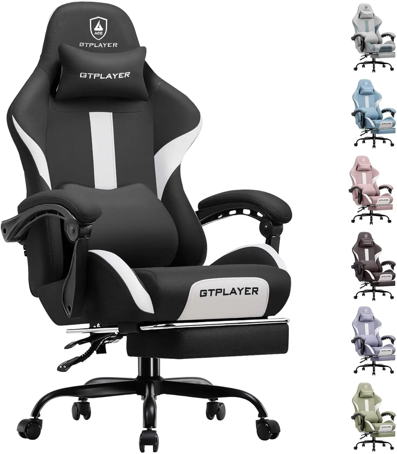 Ergonomic Gaming Chair with Footrest, Breathable Fabric, Headrest & Lumbar Support for Home Office Desk, Black